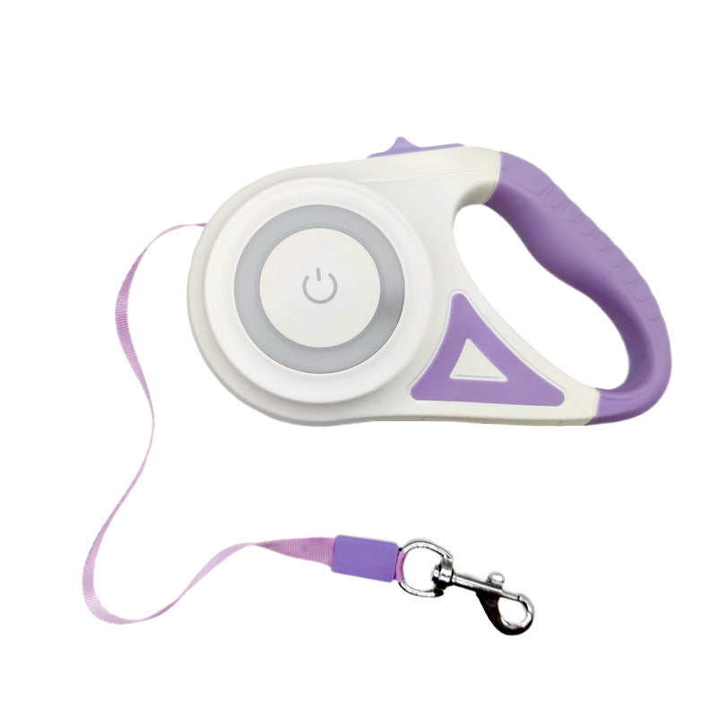 Retractable dog leash with purple handle and white body on a white background