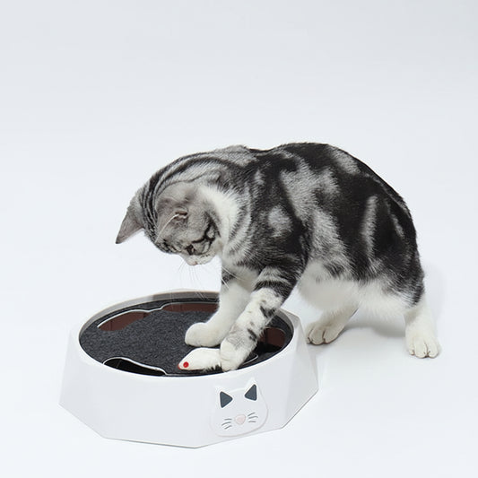 Cat playing with a white toy shaped like a cat on a light gray background