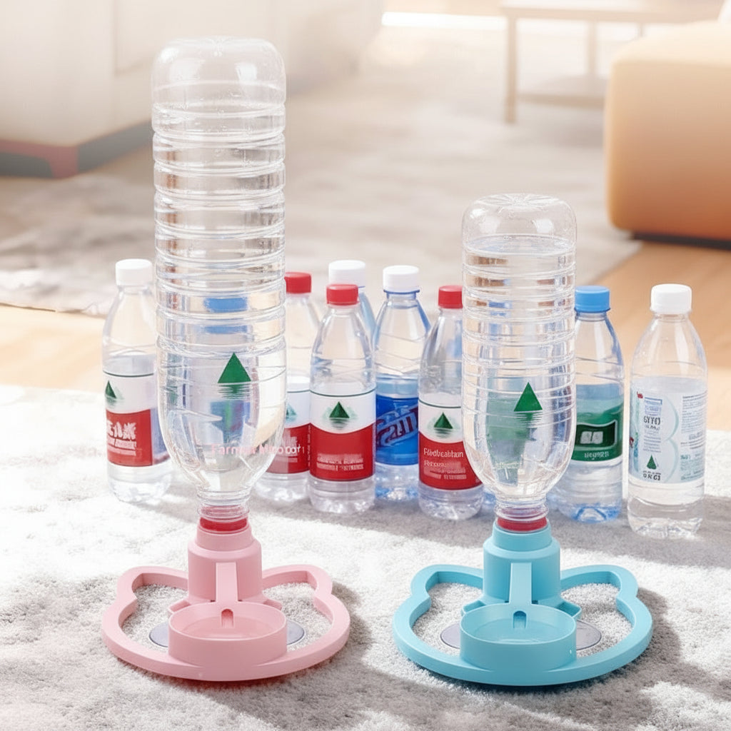 A water bottle to bottle water changer set shown with two inverted plastic water bottles connected to pink and blue plastic change holders on a rug, with several labeled water bottles in the background. Text at the top reads 'Complete water change in 8 seconds, wide applicability' and 'Compatible with various water bottles on the market.