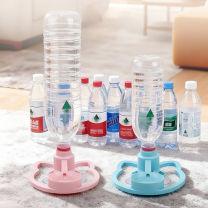 A water bottle to bottle water changer set shown with two inverted plastic water bottles connected to pink and blue plastic change holders on a rug, with several labeled water bottles in the background. Text at the top reads 'Complete water change in 8 seconds, wide applicability' and 'Compatible with various water bottles on the market.
