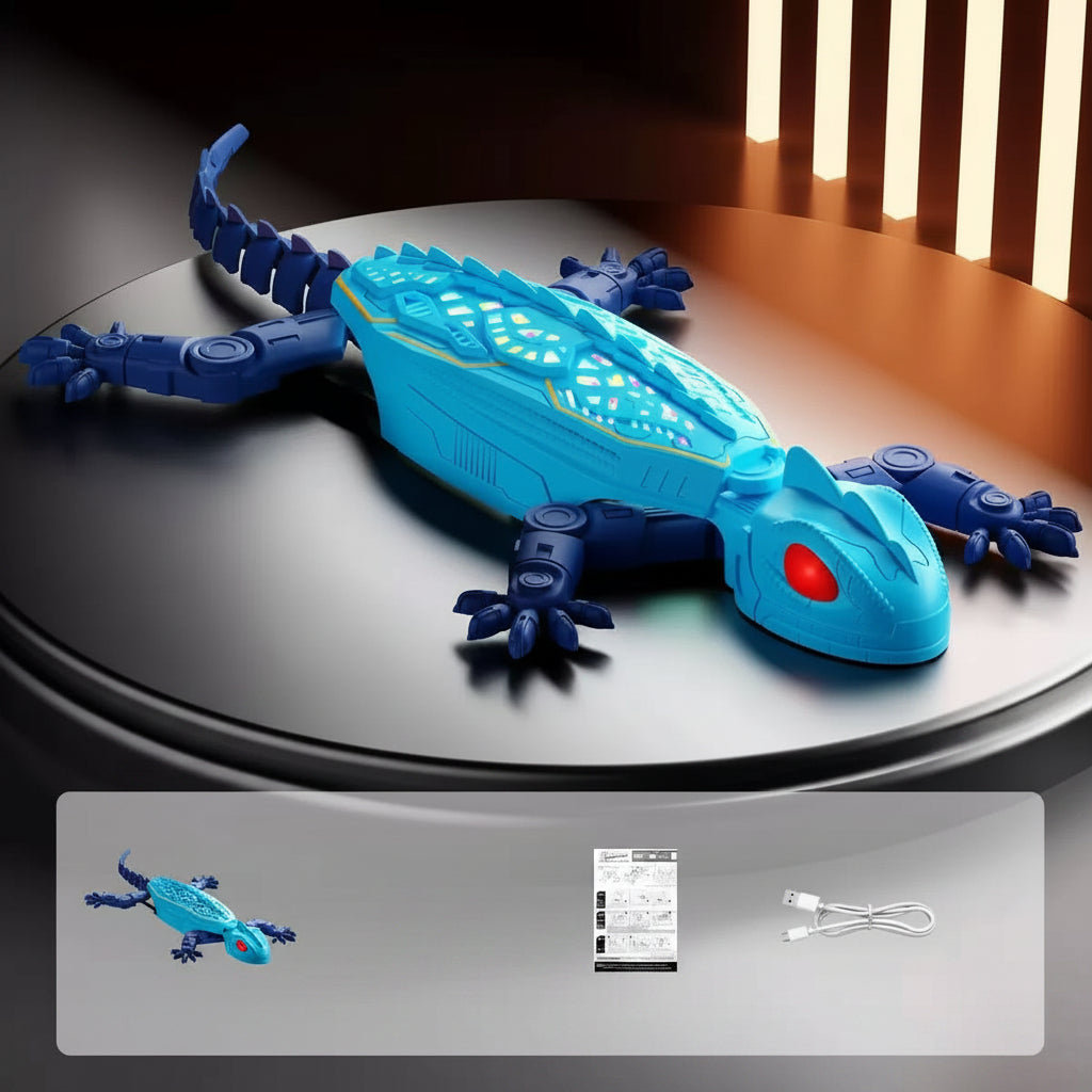 Blue toy gecko on a dark surface with product details displayed below.