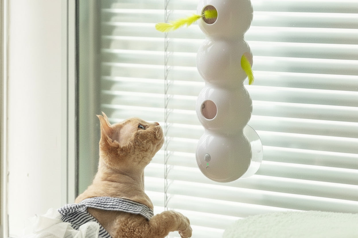 Cat looking up at a hanging pet toy with text about dynamic sensing start-stop, automatic standby, energy saving, and worry-free.