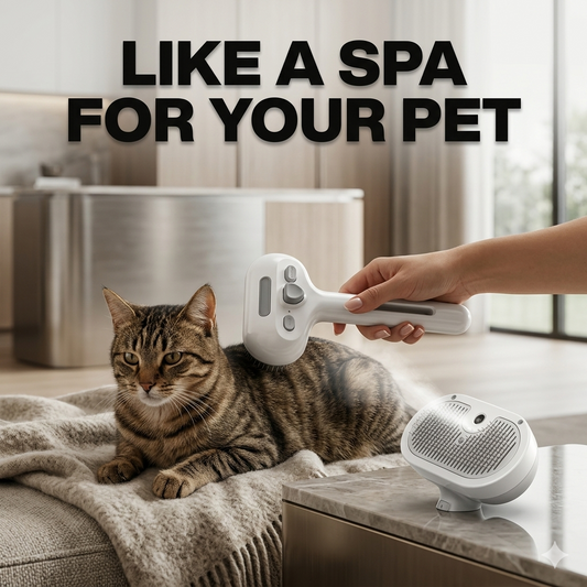 Cat lying on a couch with a handheld pet grooming tool, text 'LIKE A SPA FOR YOUR PET'.