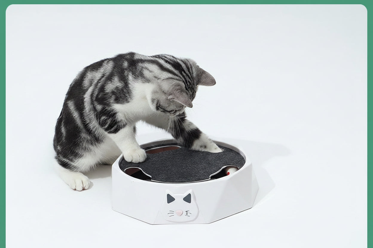 Cat playing with a small round pet toy on a white background