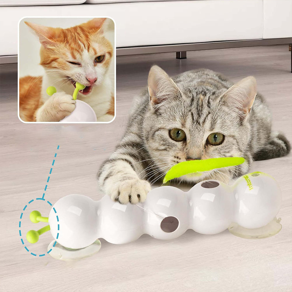 Cat playing with a white and green cat toy on a wooden floor.