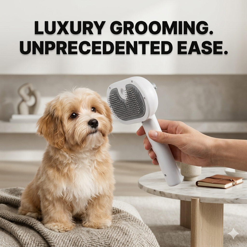 Dog being groomed with a pet grooming tool in a home setting, with text 'Luxury Grooming. Unprecedented Ease.'