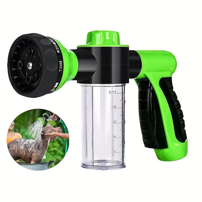 Green and black garden hose spray nozzle with inset showing use on a white background