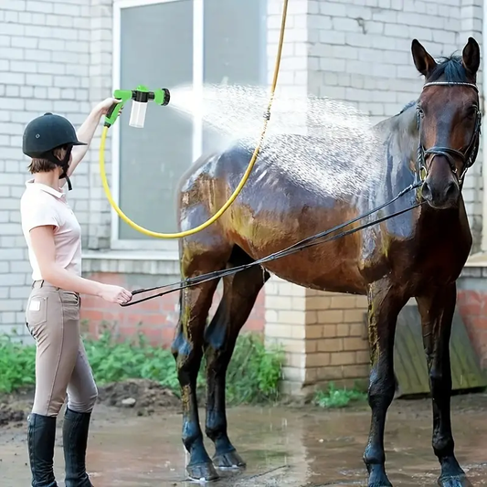 Person washing a horse with a hose in front of a brick building.