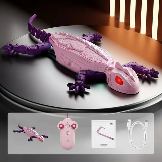 Pink and purple remote-controlled gecko toy on a dark surface with product details displayed.