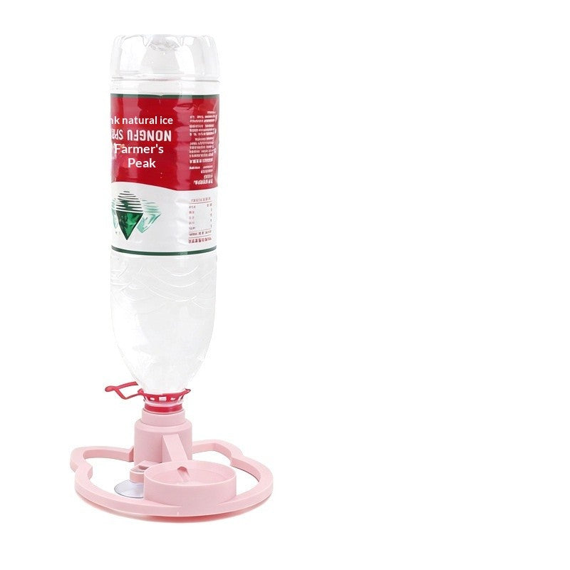 Pink pet water bottle with a red label on a white background