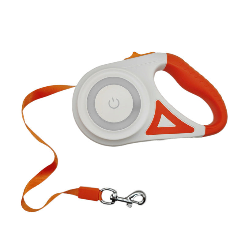 Retractable dog leash with white handle and orange strap on a white background