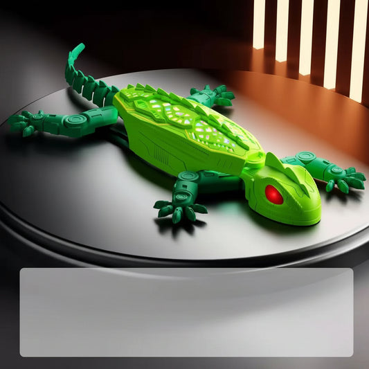 Toy gecko on a dark surface with product details displayed below.