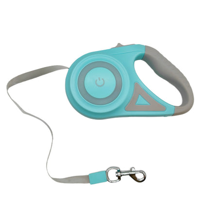 Turquoise and gray retractable dog leash on a white background