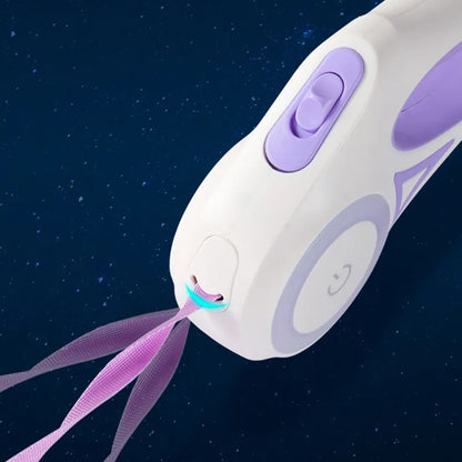 White and purple device with a ribbon on a dark blue background