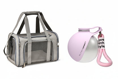 A pet carrier bag in gray and black on the left, and a pink and silver water bottle with a pink strap on the right, shown on a white background with dimension labels and the text '285ML'.