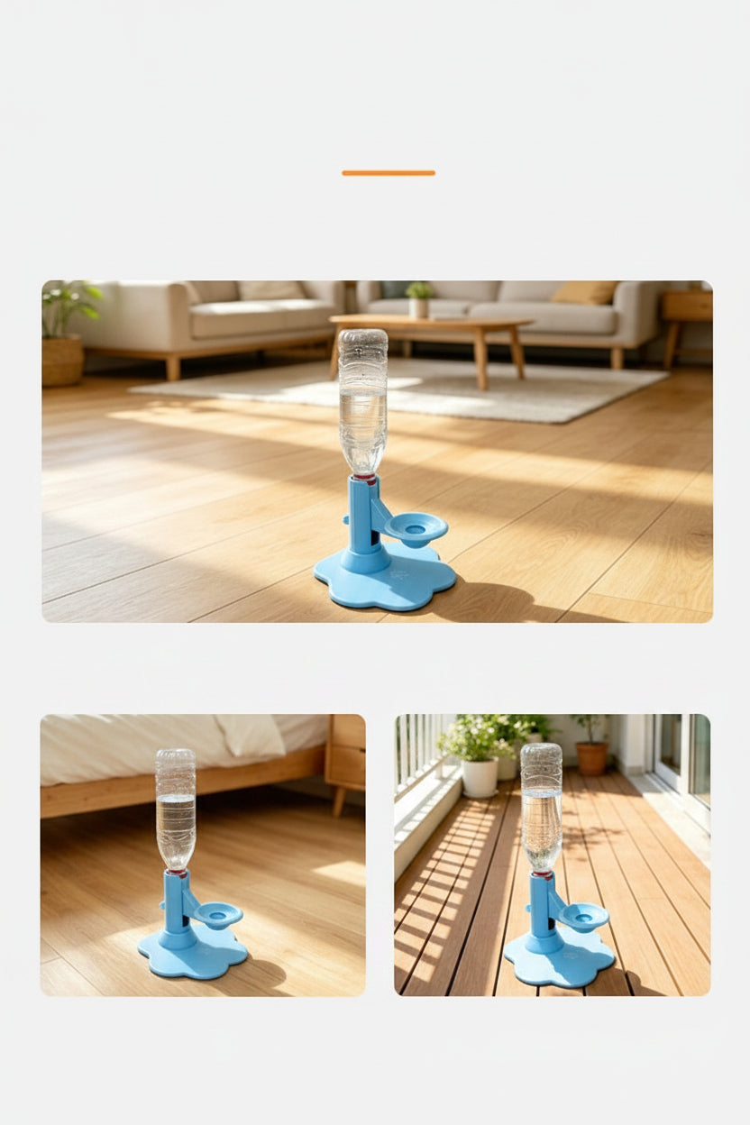 A pet water bottle feeder and holder shown in three indoor home settings: a long room, a bedroom, and a balcony. The product consists of a light blue plastic base with a central opening and a clear plastic water bottle inserted upside down.