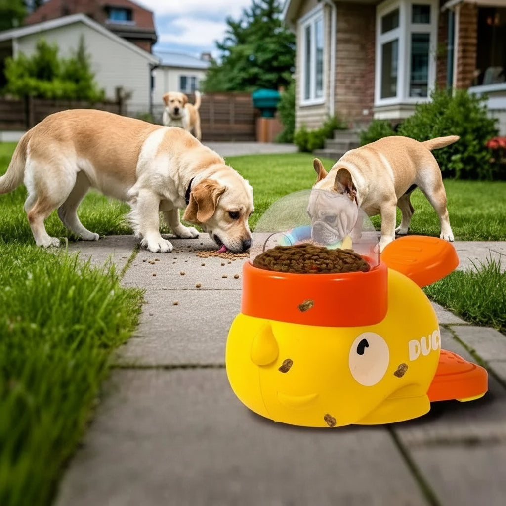 Dog toy shaped like a submarine with text 'Fun for All Sizes and Breeds' and 'Perfect for Multi Dog Home'.