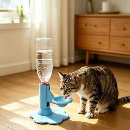 A cat drinking water from a blue automatic pet water fountain with a clear water bottle, shown on a wooden floor with a magnifying glass graphic highlighting safe materials.