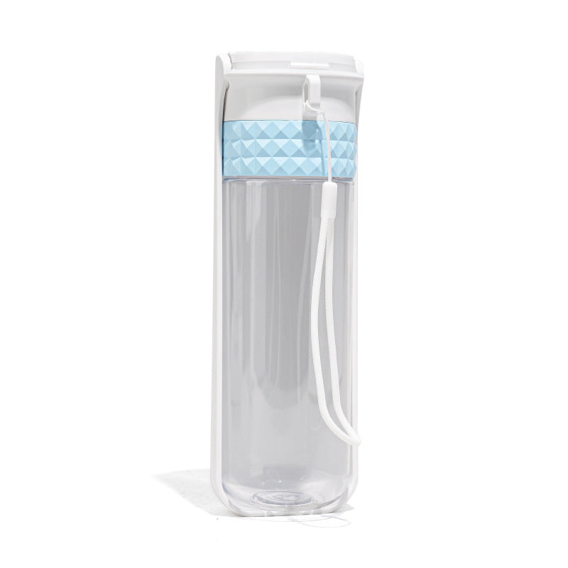 Clear water bottle with a blue band on a white background