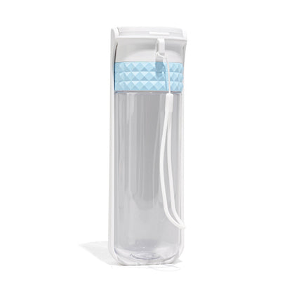 Clear water bottle with a blue band on a white background