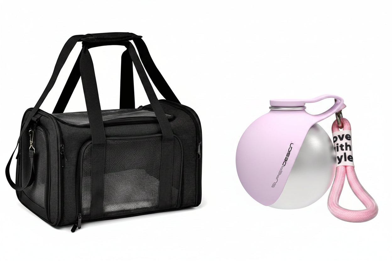A black pet carrier bag with mesh side windows on the left, and a pink and silver pet water bottle with a pink strap on the right, shown on a white background with dimension labels and text.
