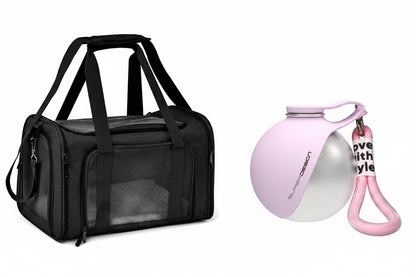A black pet carrier bag with mesh side windows on the left, and a pink and silver pet water bottle with a pink strap on the right, shown on a white background with dimension labels and text.