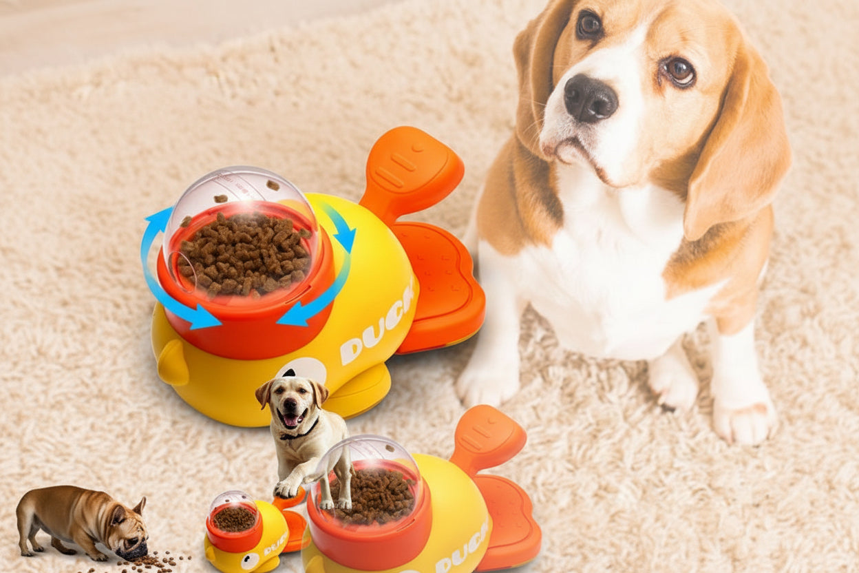 Dog toy shaped like a duck with text 'Press to get food' and a dog looking at it.