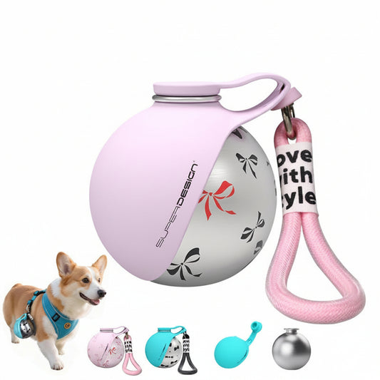 Pink dog toy with a keychain and a dog in the background