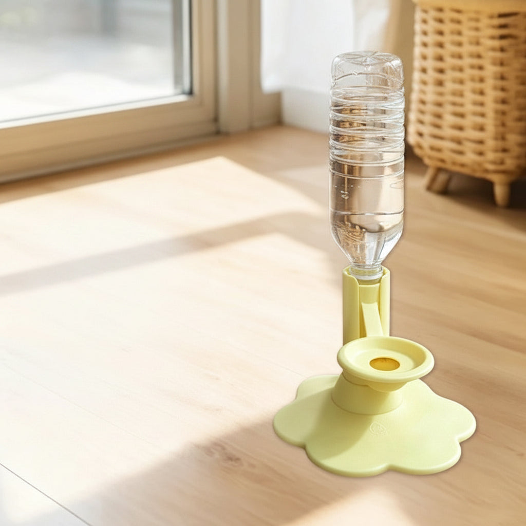 Yellow height-increasing water dispenser with a clear plastic bottle inverted in it, shown on a wooden floor in a home setting. An inset graphic on the left lists included accessories: Velcro, suction cup, straw brush, transparent sticker, and rubber pads.