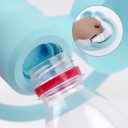 A close-up of a light blue detachable bottle cap and neck component with a clear plastic bottle threaded onto it, plus a circular inset showing a hand pressing a white cleaning pad into the opening. Text at the top reads, 'Disassemble in 1 second, wash in 3 seconds, cleaning done in one step.