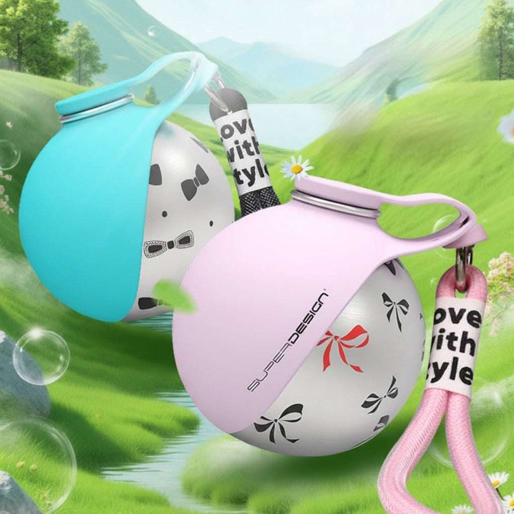 Two small portable kettles with decorative elements on a nature-themed background