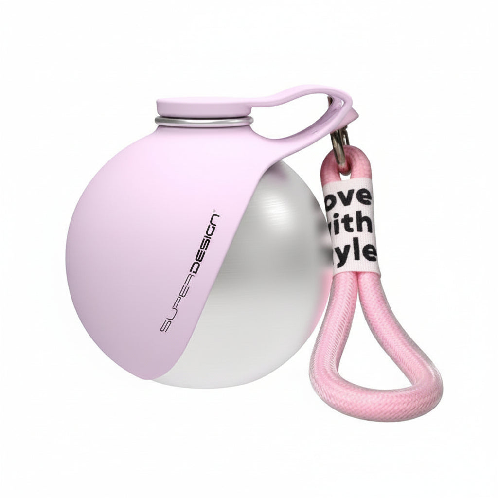 Pink and white water bottle with a measurement label on a white background