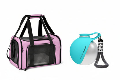 A pet carrier bag in pink and black shown alongside a turquoise and silver ball with a black strap, labeled 'Tiffany Blue' and '285ML', with dimensions marked 9CM and 8.7CM.