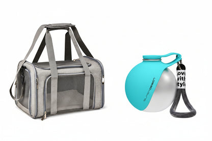 A pet carrier bag in gray and black shown on the left, and a turquoise ball carrier accessory with a black strap and printed text on the right. The right side includes dimension labels (9CM, 8.
