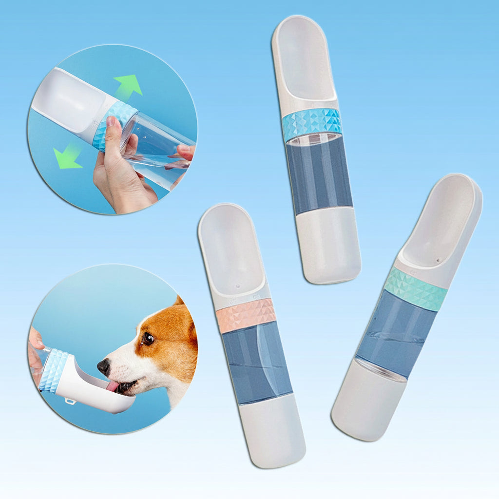 Dog water cup with a blue and white design on a light blue background