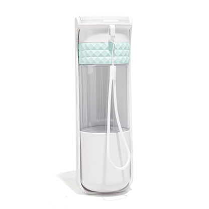 Clear water bottle with a light blue quilted pattern on a white background