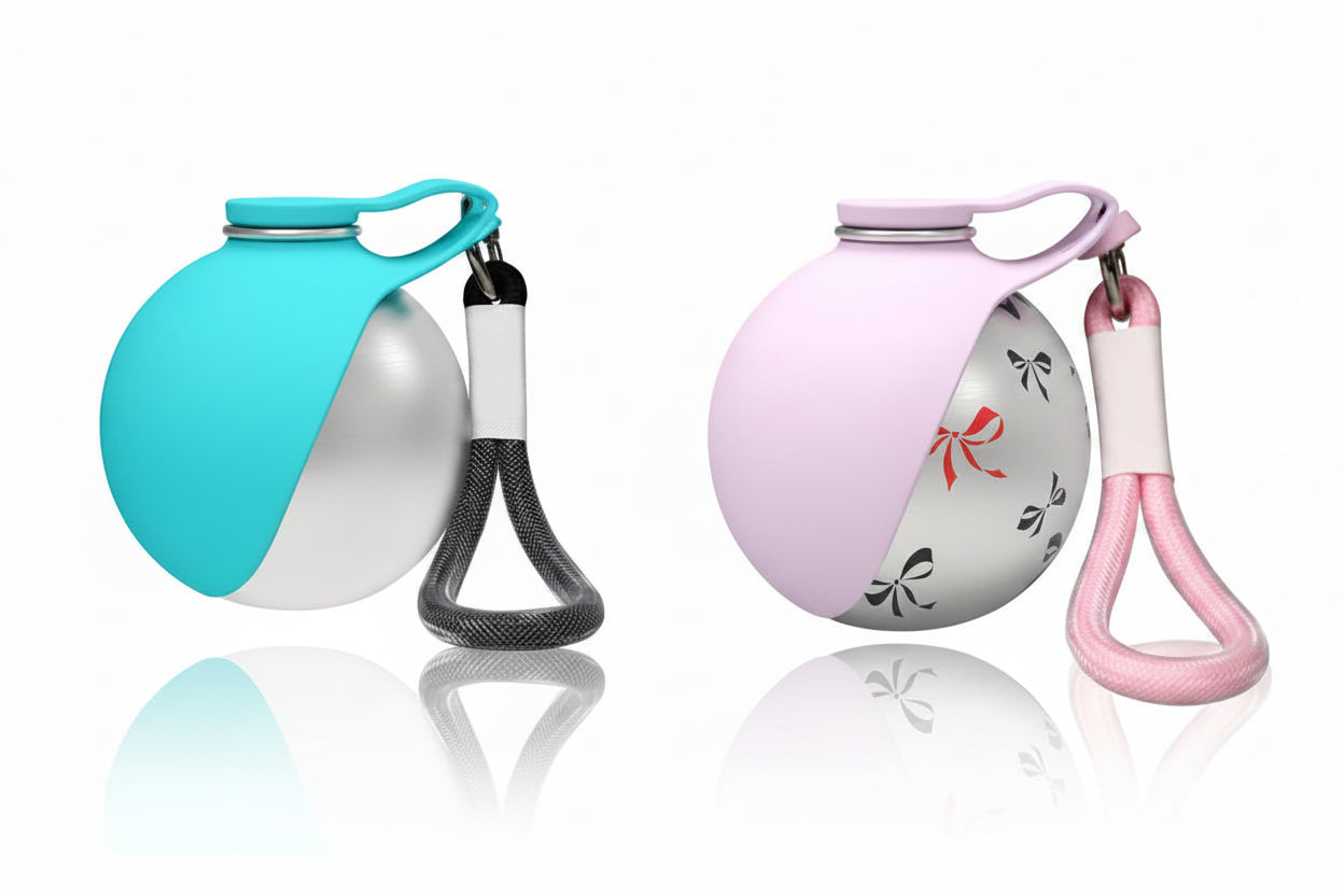 Two dog water bowls in Tiffany Blue and Soft Mist Pink with measurements and brand name.