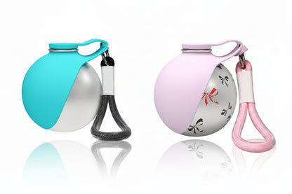 Two dog water bowls in Tiffany Blue and Soft Mist Pink with measurements and brand name.