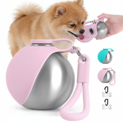 Pink and silver dog muzzle with handle, dog visible in the background