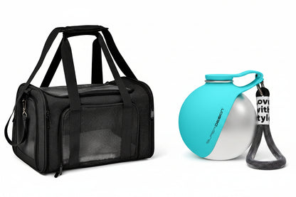 A pet carrier bag in black with mesh side panels shown on the left, and a turquoise and silver water bottle with a black strap on the right labeled 'Tiffany Blue' with dimensions and '285ML'.