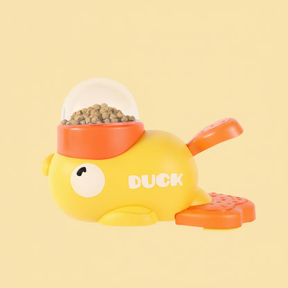 Dog puzzle feeding toy 2-in-1 with a yellow duck design on a beige background