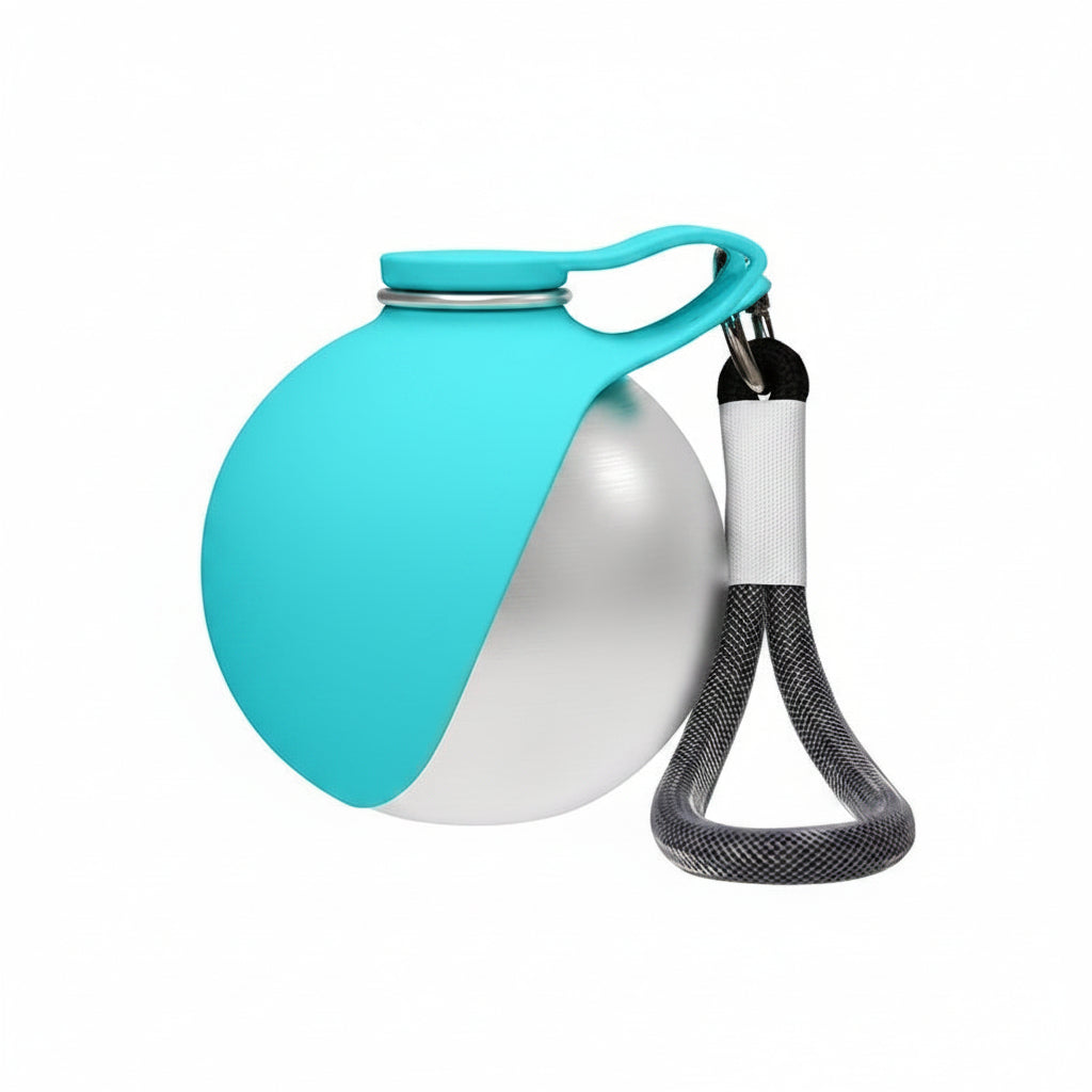 Tiffany blue and silver water bottle with measurement details on a white background