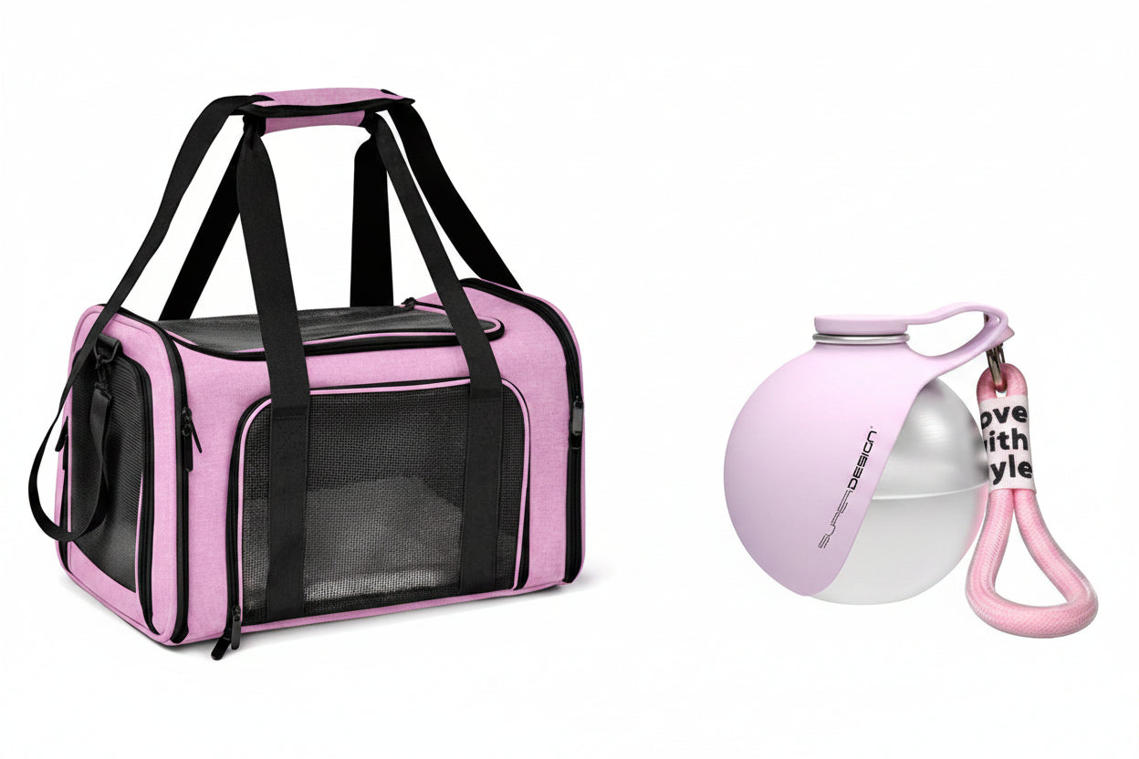 Pink and black pet carrier bag shown alongside a matching pink pet water bowl with measurement labels and a 285ML text overlay.