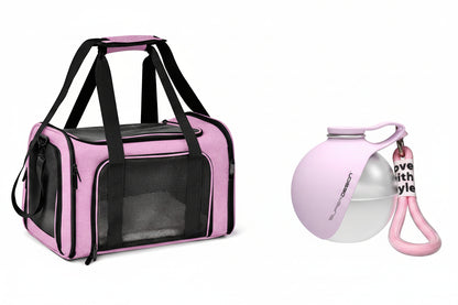 Pink and black pet carrier bag shown alongside a matching pink pet water bowl with measurement labels and a 285ML text overlay.