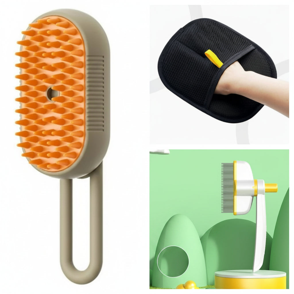 Pet grooming brush with orange bristles, black massage pad, and packaging on a white background.