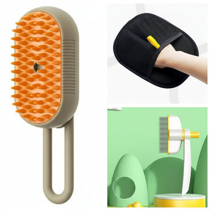 Pet grooming brush with orange bristles, black massage pad, and packaging on a white background.